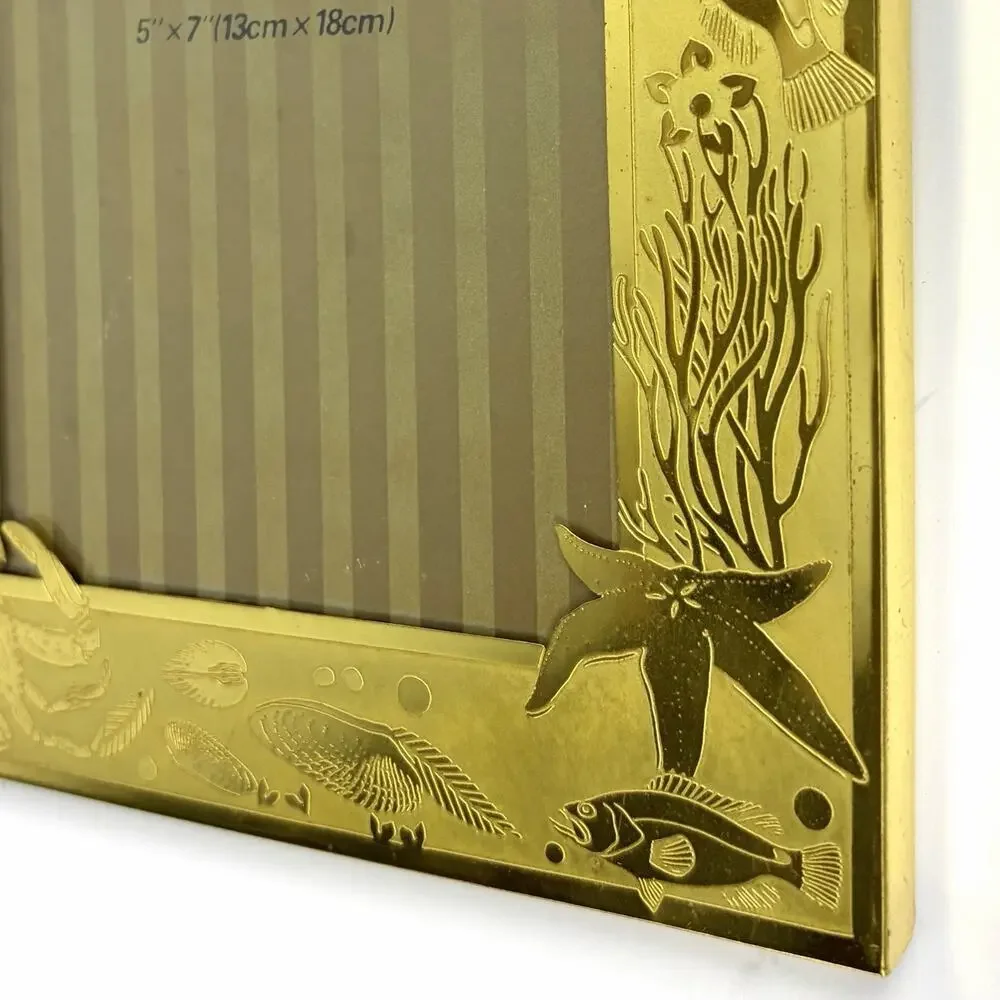 Vintage Solid Brass Photo Frame 5” X 7” Sea Creatures Nautical Beach Etching